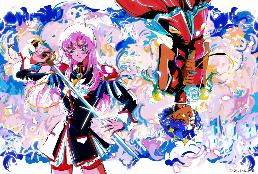 2girls black_jacket blue_eyes dress glasses highres himemiya_anthy jacket long_dress multiple_girls pink_hair purple_hair red_dress red_shorts shorts shoujo_kakumei_utena sword tenjou_utena upside-down weapon windychariot