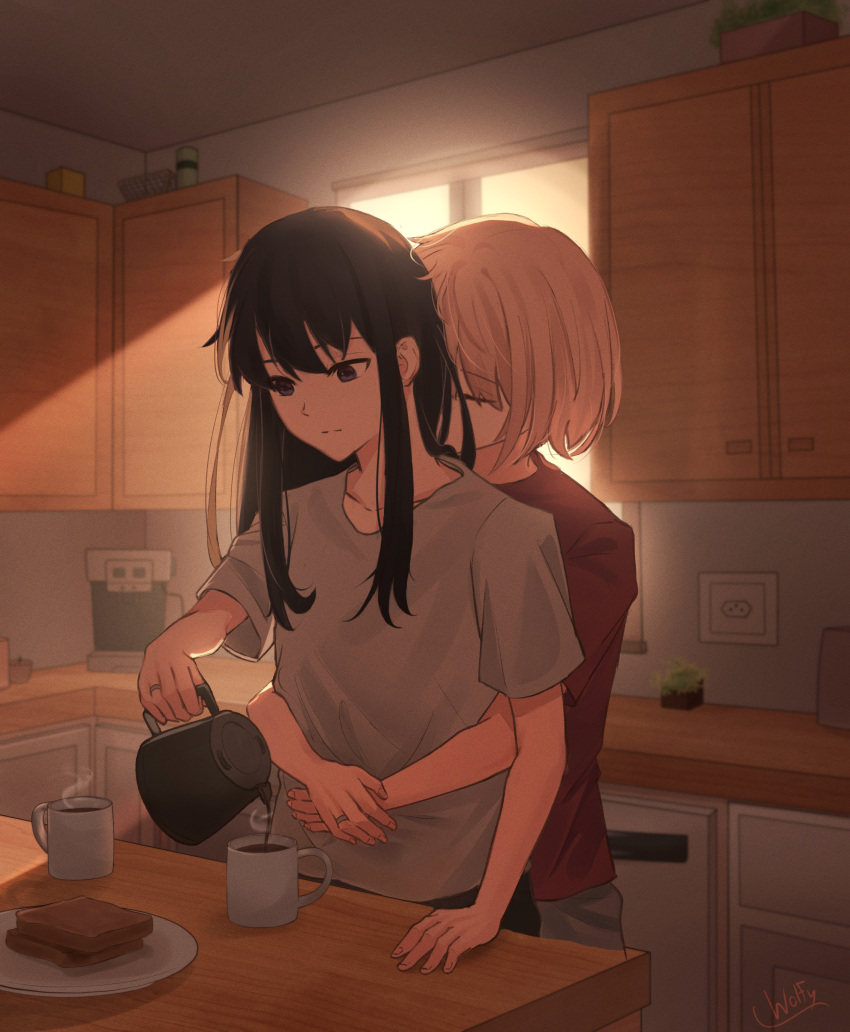 2girls absurdres arms_around_waist black_hair blonde_hair bob_cut cabinet chxoswolf closed_eyes couple cup electrical_outlet english_commentary food grey_shirt hand_on_table highres hot_drink hug hug_from_behind indoors inoue_takina jewelry kitchen light_rays light_smile lycoris_recoil lying morning mug multiple_girls nishikigi_chisato plate pouring red_shirt ring shirt short_hair short_sleeves sidelocks signature sunbeam sunlight t-shirt toast upper_body violet_eyes wedding_ring wife_and_wife window yuri