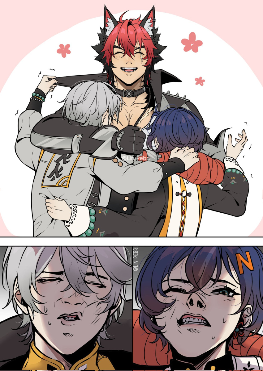 1girl 2boys against_fourth_wall animal_ear_fluff belle_(delicate_sunlight)_(zenless_zone_zero) belle_(zenless_zone_zero) blue_hair chinese_clothes dog_boy grey_hair highres hug komano_manato lin_pebri multiple_boys official_alternate_costume pectorals red_bandage scar scar_across_eye scar_on_chest scar_on_face short_hair spiked_jacket teeth thiren wise_(soaring_crane)_(zenless_zone_zero) wise_(zenless_zone_zero) zenless_zone_zero