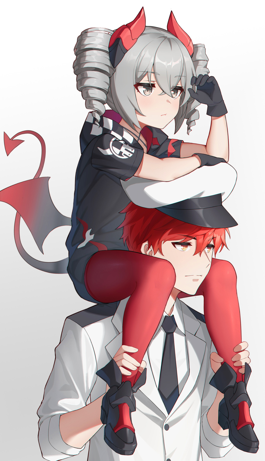 1boy 1girl absurdres artist_request black_footwear black_gloves black_jacket black_necktie black_wings bronya_zaychik captain_(honkai_impact) carrying collared_shirt demon_girl demon_tail demon_wings drill_hair gloves gradient_background grey_background grey_eyes grey_hair hair_between_eyes hand_up hat highres honkai_(series) honkai_impact_3rd hood hood_down hooded_jacket jacket necktie pantyhose peaked_cap red_eyes red_pantyhose red_wings redhead shirt shoes short_sleeves shoulder_carry tail twin_drills twintails white_background white_headwear white_jacket white_shirt wings