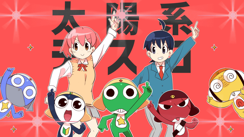 1boy 1girl blue_eyes blue_hair colored_skin dororo_(keroro_gunsou) giroro green_skin highres hinata_fuyuki hinata_natsumi keroro keroro_gunsou kururu_(keroro_gunsou) looking_at_viewer pointing pointing_up red_background red_hair smile syokora_makaron taiyoukei_disco_(vocaloid) tamama teeth
