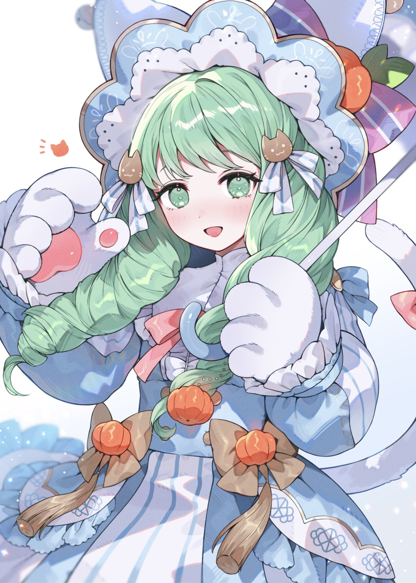 1girl animal_hands bell blush bow cat_tail commentary_request dot_nose drill_hair fake_tail fire_emblem fire_emblem:_three_houses fire_emblem_heroes flayn_(fire_emblem) flayn_(halloween)_(fire_emblem) frills gloves green_eyes green_hair hair_ornament halloween_costume highres jack-o'-lantern_hat_ornament long_hair long_sleeves looking_at_viewer official_alternate_costume open_mouth paw_gloves pink_bow pumpkin shibainu simple_background solo tail twin_drills white_background
