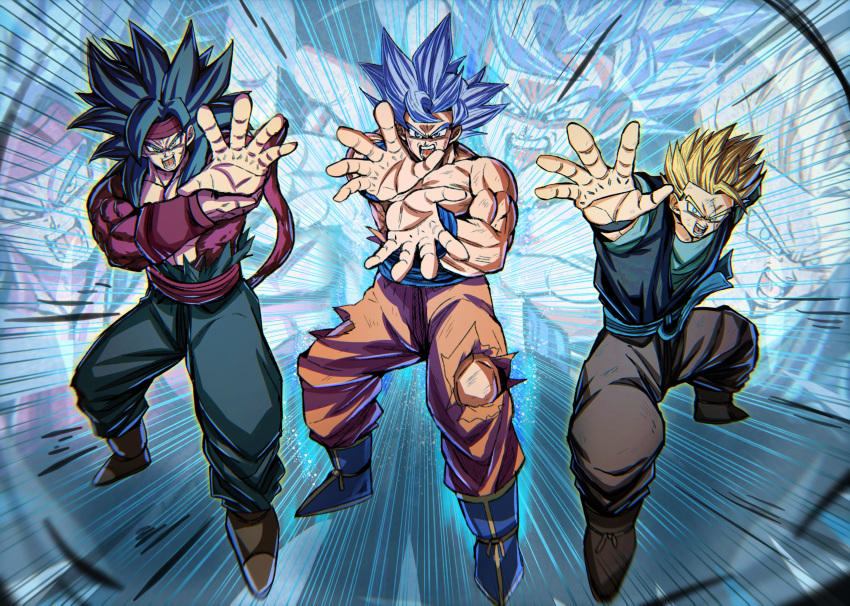 3boys absurdres aged_up bandana bardock blue_footwear brown_footwear chiro_illust commentary commentary_request dougi dragon_ball family father_and_son highres kamehameha_(dragon_ball) multiple_boys muscular muscular_male open_mouth parent_and_child red_fur red_tail son_gohan son_gohan_(future) son_goku spiky_hair super_saiyan super_saiyan_4 tail torn torn_clothes ultra_instinct