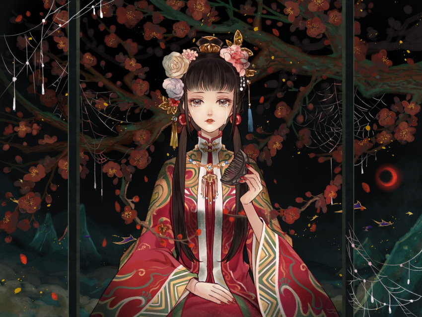 1girl black_hair blunt_bangs branch bride brown_eyes chinese_clothes comb cowboy_shot crying crying_with_eyes_open dress fengguan flower hair_bobbles hair_flower hair_ornament hand_on_own_thigh hand_up highres holding holding_comb jewelry lipstick long_hair long_sleeves looking_at_viewer low_twintails makeup moon mountain necklace original parted_lips plum_blossoms red_dress red_flower red_lips red_moon red_nails silk sitting solo spider_web straight-on tassel tassel_hair_ornament tears twintails wide_sleeves xialuo_yingling