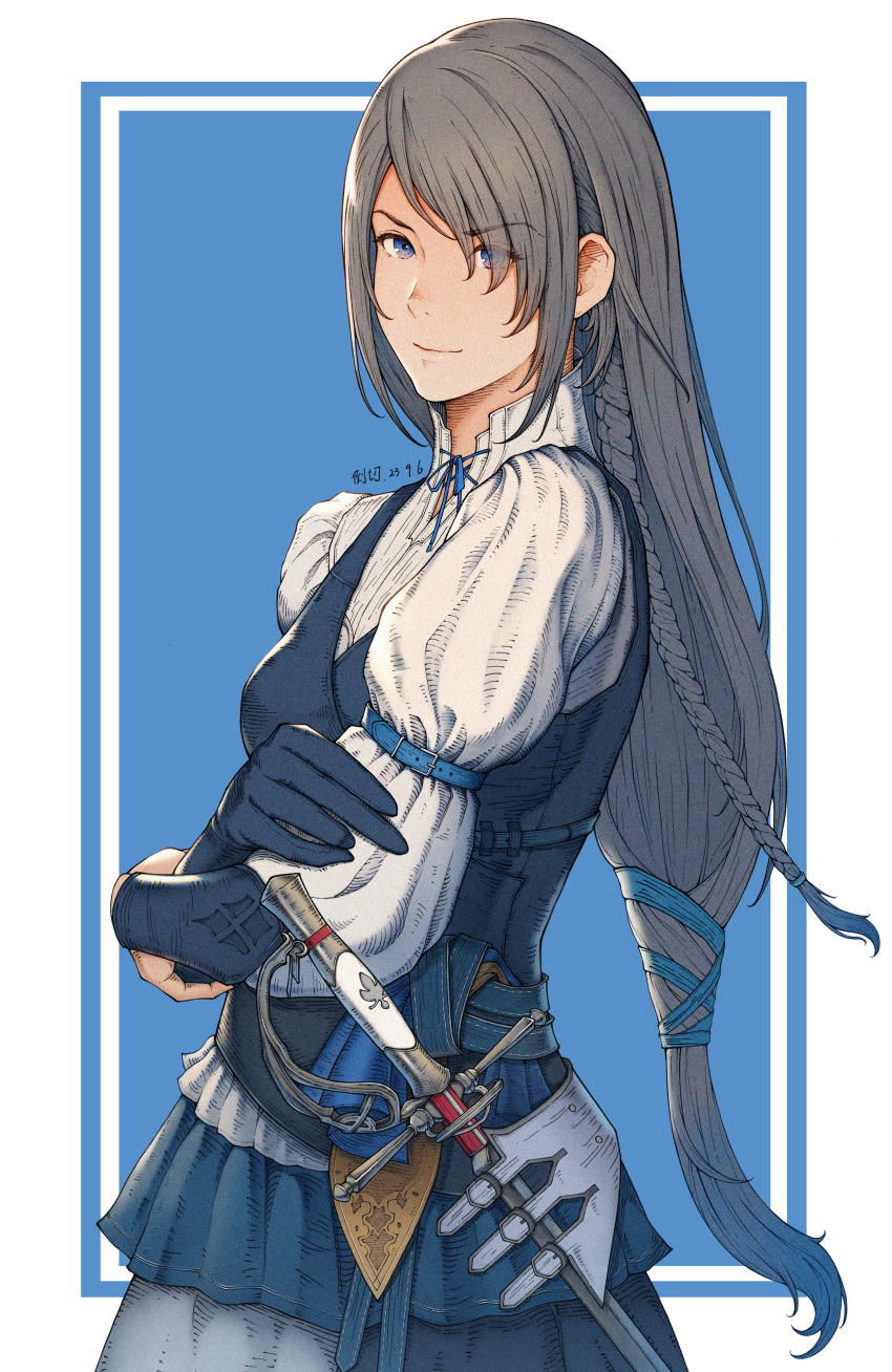 1girl absurdres belt blue_background blue_eyes blue_gloves blue_vest braid closed_mouth cropped_legs crossed_arms eyes_visible_through_hair final_fantasy final_fantasy_xvi frilled_skirt frills gloves grey_hair hair_ornament hair_over_one_eye hair_over_shoulder hair_ribbon highres jill_warrick long_hair looking_at_viewer low-braided_long_hair neck_ribbon puffy_sleeves rapier ribbon scabbard serious sheath sheathed shirt side_braid simple_background single_braid skirt smile solo square_enix standing sword upper_body user_uput7272 very_long_hair vest weapon