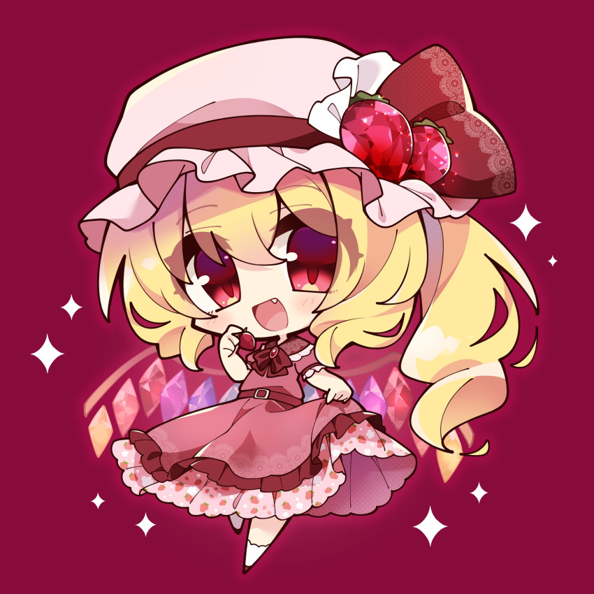 1girl :d belt belt_buckle blonde_hair bow bowtie buckle chibi clothes_lift commentary crystal_wings dress dress_lift fang flandre_scarlet food food_print frilled_dress frills fruit full_body gem hand_up hat hat_bow hat_ribbon highres holding holding_food holding_fruit layered_dress looking_at_viewer misosiru_0224 mob_cap open_mouth print_dress red_background red_belt red_bow red_bowtie red_dress red_eyes red_gemstone red_ribbon ribbon side_ponytail simple_background smile socks solo sparkle strawberry strawberry_print touhou white_headwear white_socks wings