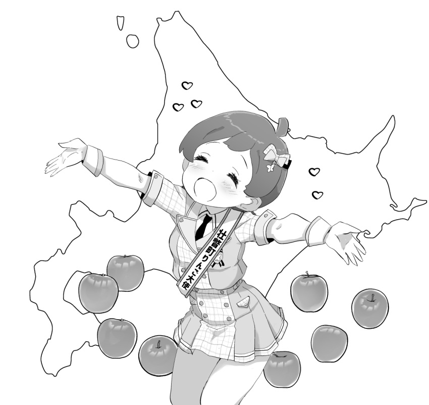 1girl ahoge apple blush bob_cut bow checkered_clothes closed_eyes commentary cowboy_shot food fruit greyscale hair_bow heart highres idolmaster idolmaster_million_live! idolmaster_million_live!_theater_days jacket kinoshita_hinata minazuki_tooru miniskirt monochrome necktie open_mouth outstretched_arms pleated_skirt short_hair short_sleeves skirt smile solo thighs white_background wrist_cuffs