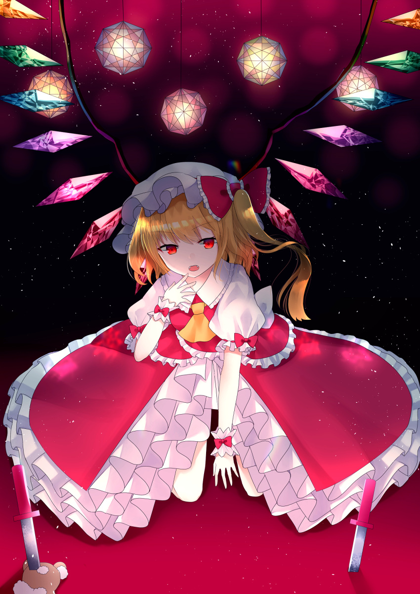 1girl bow collared_shirt commentary crystal dagger dark_background fangs flandre_scarlet frilled_bow frilled_shirt_collar frilled_sleeves frilled_vest frills gradient_background hair_bow hanging_light hat highres knife long_hair looking_at_viewer mob_cap multicolored_wings one_side_up open_mouth puffy_short_sleeves puffy_sleeves red_background red_bow red_eyes red_skirt red_theme red_vest sakizaki_saki-p shirt short_sleeves skirt sky sleeve_ribbon solo star_(sky) starry_sky touhou vest weapon white_headwear white_shirt wings wrist_cuffs yellow_eyes