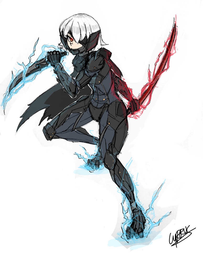 1girl absurdres artist_name black_bodysuit bodysuit cosplay crossover cyborg cyrrus1 eyepatch fate_(series) fusion highres holding holding_knife holding_sword holding_weapon jack_the_ripper_(fate/apocrypha) katana knife lightning mechanical_parts metal_gear_(series) metal_gear_rising:_revengeance one_eye_covered raiden_(metal_gear) raiden_(metal_gear)_(cosplay) red_eyes red_lightning signature sketch solo sword weapon white_background white_hair