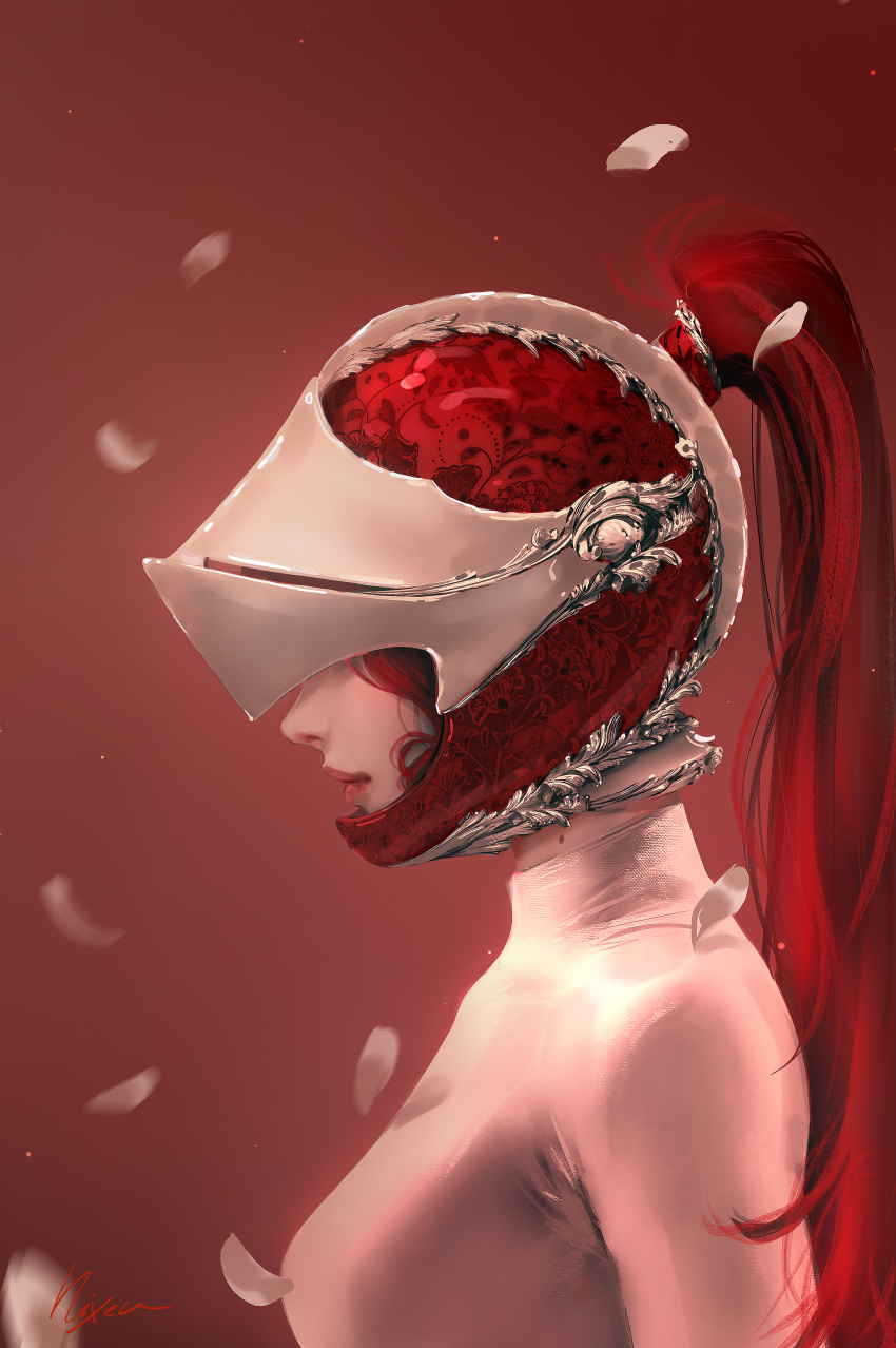 1girl absurdres breasts closed_mouth commentary covered_eyes english_commentary facing_ahead falling_petals from_side grey_shirt helmet high_ponytail highres long_hair medium_breasts mole mole_on_neck nixeu original petals profile red_background red_lips redhead shirt signature solo turtleneck upper_body