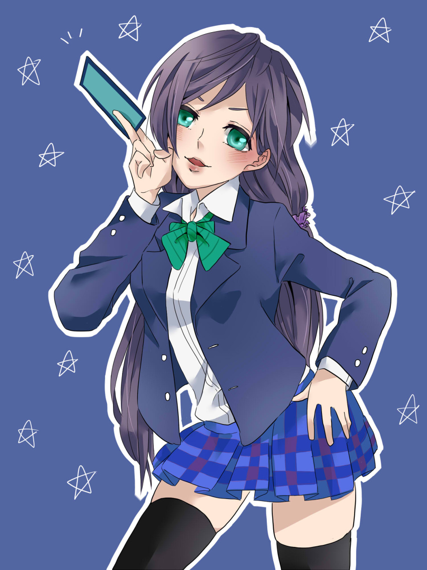 1girl black_thighhighs blazer blue_bow blue_jacket blush bow bowtie card collared_shirt commentary_request dress_shirt green_bow green_bowtie green_eyes hair_behind_ear hair_ornament hair_scrunchie hand_on_own_hip highres holding holding_card jacket kashikaze long_hair long_sleeves looking_at_viewer love_live! love_live!_school_idol_project low_twintails miniskirt open_clothes open_jacket open_mouth otonokizaka_school_uniform outline plaid plaid_skirt pleated_skirt purple_hair purple_scrunchie school_uniform scrunchie shirt skindentation skirt solo striped striped_bow striped_bowtie thigh-highs toujou_nozomi twintails very_long_hair white_outline white_shirt zettai_ryouiki