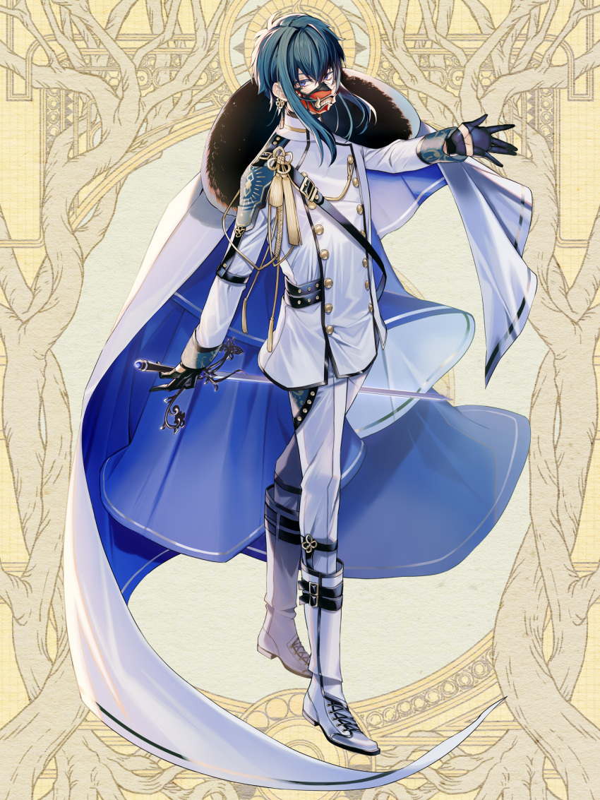 1boy aiguillette belt black_belt black_gloves blue_cape blue_eyes blue_hair boots buttons cape covered_mouth cross-laced_footwear cutout_gloves dairoku_ryouhei dark_blue_hair double-breasted flower_knot full_body fur-trimmed_cape fur_trim gloves hair_between_eyes highres holding holding_sword holding_weapon jacket lace-up_boots legwear_garter long_sleeves looking_at_viewer male_focus mask mouth_mask nogawaina official_art open_hand outstretched_arm pants rapier short_hair_with_long_locks side_cape sleeve_cuffs sleeve_garter solo standing sword tassel two-sided_cape two-sided_fabric weapon white_cape white_footwear white_jacket white_pants