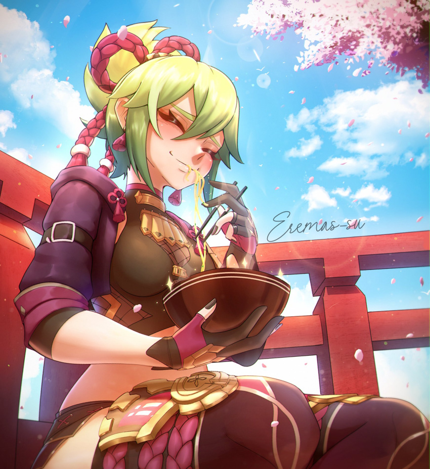 1girl artist_name black_shirt blue_sky blush breasts closed_eyes cup earrings eremas-su falling_petals fence food genshin_impact gloves green_hair highres holding holding_cup jacket jewelry kuki_shinobu noodles partially_fingerless_gloves petals pink_petals purple_jacket ramen ramen shirt short_hair sky smile thigh-highs