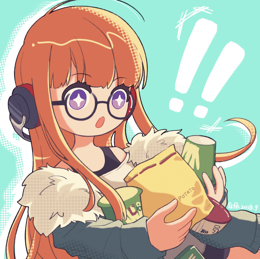 ! !! 1girl :o ahoge aqua_background behind-the-head_headphones chips_(food) dated food frost_x_(46282847) fur-trimmed_jacket fur_trim glasses green_jacket headphones highres holding holding_food holding_snack jacket long_hair looking_at_food no_nose open_mouth orange_hair persona persona_5 potato_chips ramen sakura_futaba snack solo sparkling_eyes very_long_hair violet_eyes