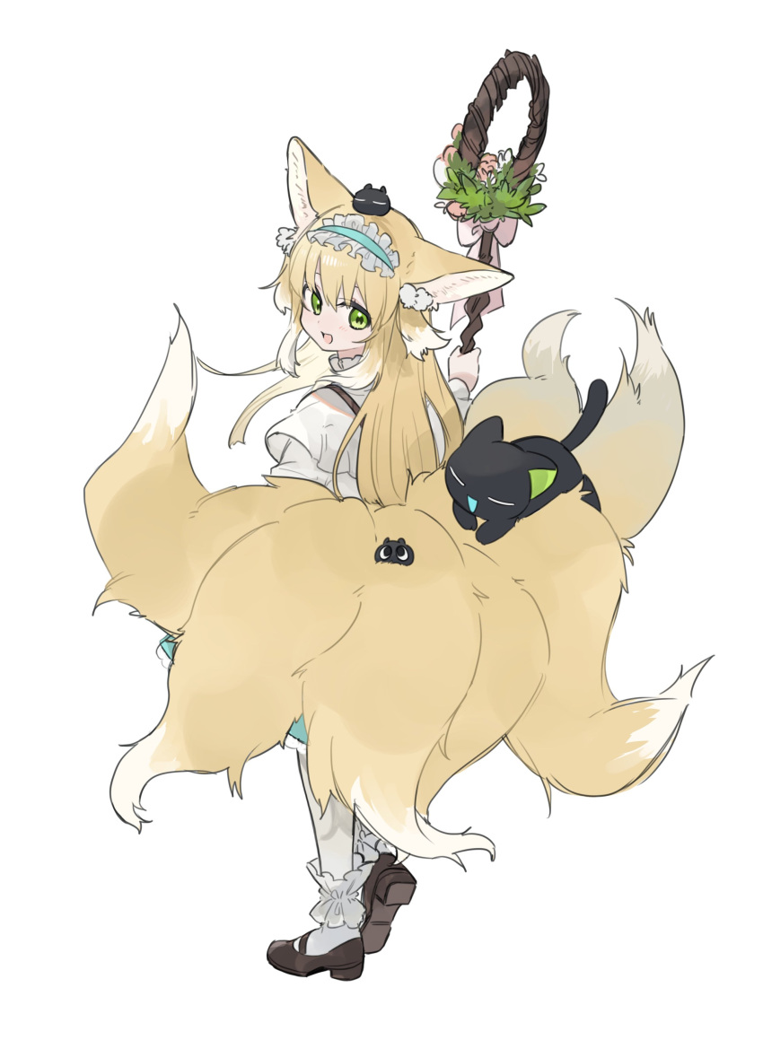 1girl absurdres animal_ears animal_on_tail aqua_hairband arknights black_cat blonde_hair bobby_socks brown_footwear cat colored_tips commentary fox_ears fox_girl fox_tail frilled_hairband frills from_behind green_eyes hairband heixiu highres holding holding_staff kitsune kyuubi loli long_hair luo_xiaohei luo_xiaohei_zhanji mary_janes multicolored_hair multiple_tails official_alternate_costume open_mouth shoes simple_background socks staff standing suzuran_(arknights) suzuran_(spring_praise)_(arknights) tail two-tone_hair white_background white_hair white_socks yakota_(usuk-yako)