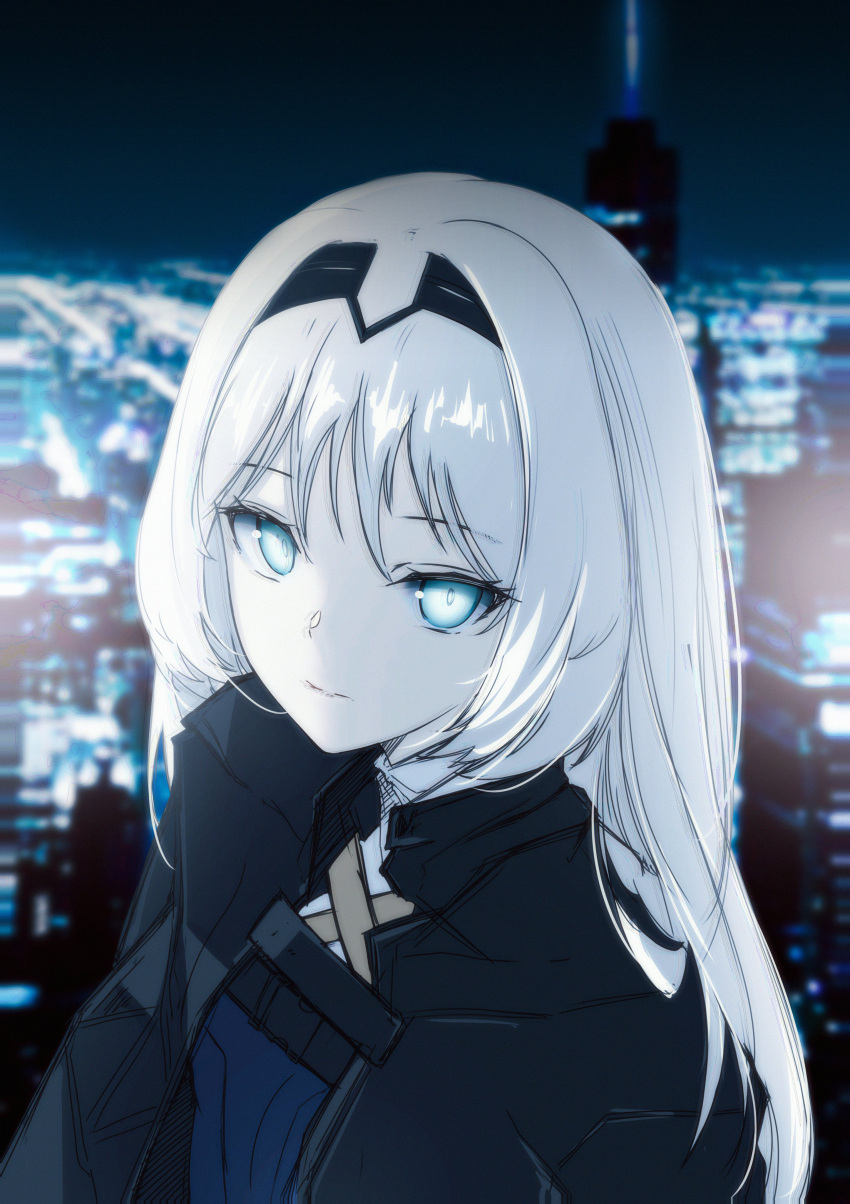 1girl absurdres an-94_(girls'_frontline) black_hairband black_jacket blue_eyes blue_shirt blurry blurry_background cityscape closed_mouth commentary depth_of_field girls_frontline hair_between_eyes hairband highres jacket long_hair looking_at_viewer pale_skin shirt solo tfnfe_sach upper_body white_hair