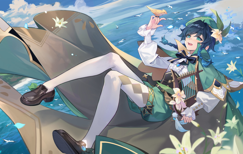 1boy :d absurdres bard beach beret bird bird_on_hand black_hair blue_hair blue_sky braid brown_footwear cape cecilia_flower_(genshin_impact) clouds collared_cape commentary_request dutch_angle feathers flower flying frilled_sleeves frills full_body genshin_impact gradient_hair green_cape green_eyes green_headwear green_shorts hat hat_flower highres holding holding_instrument horizon instrument island loafers looking_up lyre male_focus multicolored_hair nianbingzi pantyhose shoes short_hair_with_long_locks shorts side_braids sky smile solo twin_braids venti_(genshin_impact) vision_(genshin_impact) white_flower white_pantyhose