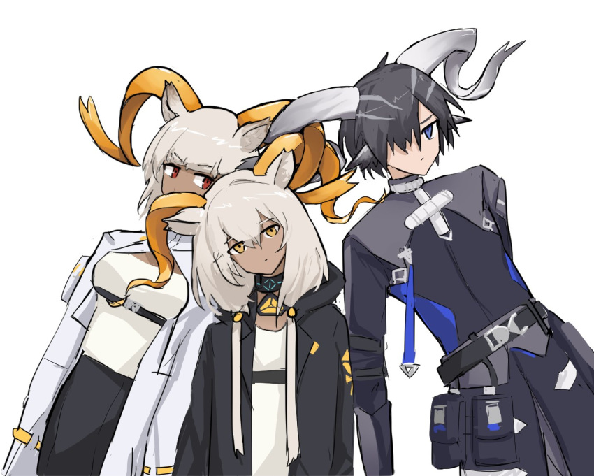 1boy 2girls arknights beeswax_(arknights) black_hair black_jacket blue_eyes carnelian_(arknights) character_request coat commentary curled_horns expressionless goat_horns grey_hair hair_over_one_eye head_tilt horns jacket long_sleeves multiple_girls red_eyes simple_background stuck toyyot upper_body white_background white_coat yellow_eyes