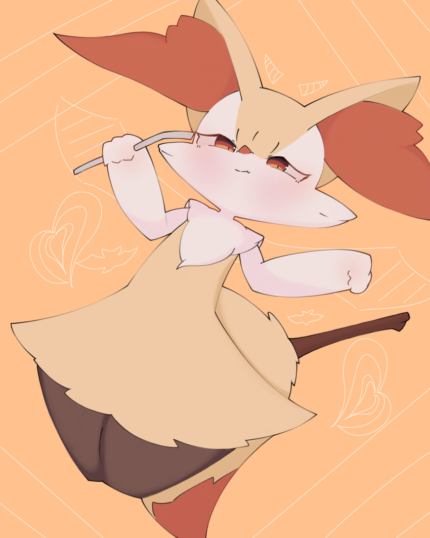 1girl animal_ear_fluff animal_ears animal_nose black_fur blush body_fur braixen closed_mouth commentary_request cowboy_shot cropped_legs drawn_horns drawn_wings dutch_angle flat_chest fox_ears fox_girl fox_tail half-closed_eyes hands_up heart highres holding looking_at_viewer multicolored_fur neck_fur orange_background pokemon pokemon_(creature) red_eyes sakuyan_(sakuyan1007) solo standing stick tail thick_thighs thighs white_fur wide_hips yellow_fur