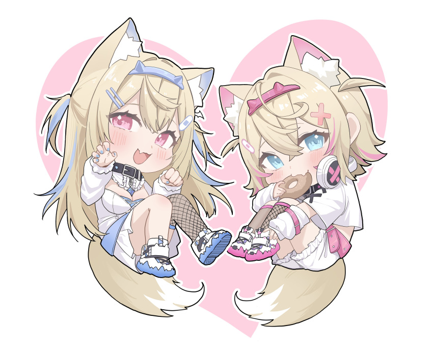 2girls absurdres animal_ear_fluff animal_ears blue_eyes blush chibi cropped_shirt dog_ears dog_girl dog_tail dress eating fang fangs frilled_shorts frills fuwawa_abyssgard hair_between_eyes hair_ornament hairpin headphones headphones_around_neck highres hololive hololive_english long_hair looking_at_viewer midori_xu mococo_abyssgard multicolored_hair multiple_girls open_mouth pink_eyes pink_hair shirt short_hair short_shorts shorts siblings sidelocks sisters skin_fang skin_fangs streaked_hair tail twins two_side_up virtual_youtuber white_dress white_footwear white_shirt white_shorts x_hair_ornament