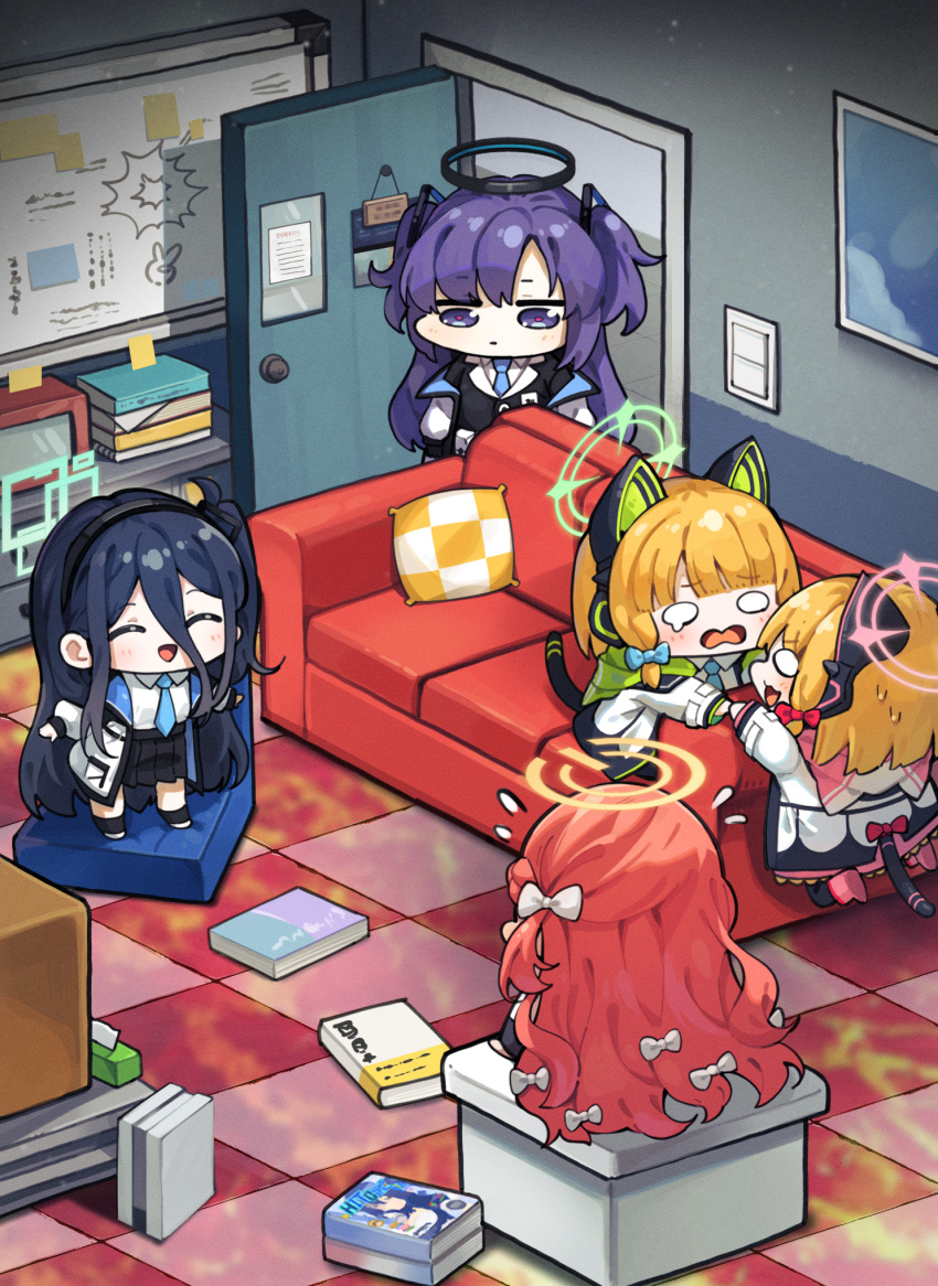 2ta2ta 5girls absurdly_long_hair animal_ear_headphones animal_ears aris_(blue_archive) black_hair black_skirt blonde_hair blue_archive blue_bow blue_necktie blush bow cat_tail closed_eyes closed_mouth collared_shirt door fake_animal_ears game_development_department_(blue_archive) green_halo hair_bow halo headphones highres indoors jacket long_hair long_sleeves mechanical_halo midori_(blue_archive) momoi_(blue_archive) multiple_girls necktie one_side_up open_clothes open_jacket open_mouth pink_halo pleated_skirt purple_hair red_bow redhead shirt siblings sisters skirt smile suit tail twins two-sided_fabric two-sided_jacket two_side_up very_long_hair violet_eyes white_bow white_jacket white_shirt yellow_halo yuuka_(blue_archive) yuzu_(blue_archive)