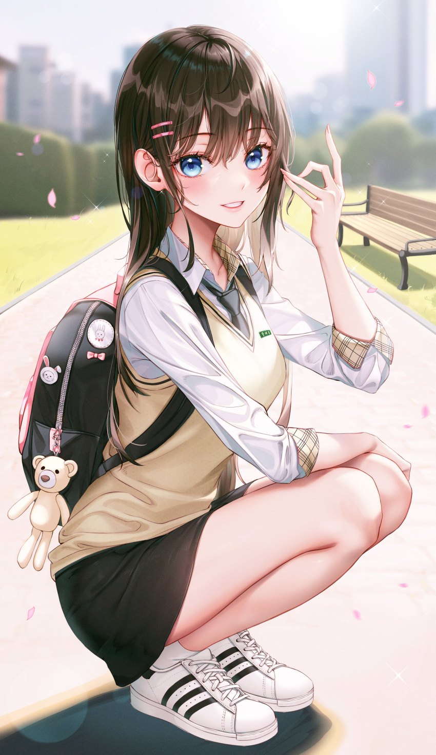 1girl absurdres backpack bag bench black_hair black_necktie blue_eyes blurry blurry_background collared_shirt cross-laced_footwear eichi_(skskdi12z) falling_petals full_body hair_between_eyes hair_ornament hairclip hand_up highres long_hair looking_at_viewer necktie open_mouth original outdoors petals school_uniform shirt shoes sidelocks smile socks squatting sweater white_footwear white_shirt white_socks