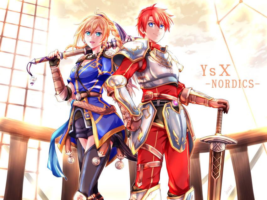 1boy 1girl adol_christin ahoge arm_guards armor axe blonde_hair braid breastplate breasts double-parted_bangs english_text fingerless_gloves gloves hair_between_eyes hand_on_own_hip highres holding holding_axe holding_weapon jewelry karja_balta long_hair medium_breasts necklace pauldrons redhead ship short_hair short_sleeves shoulder_armor smile sword thigh-highs twin_braids watercraft weapon xiacheng_tatsuya ys ys_x_nordics