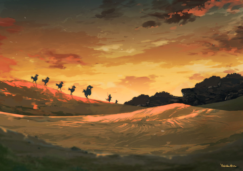 artist_name chocobo clouds commentary final_fantasy final_fantasy_xiv highres hill in-universe_location landscape mixed-language_commentary orange_sky outdoors scenery signature silhouette sky sunset very_wide_shot yabuka_shiwa