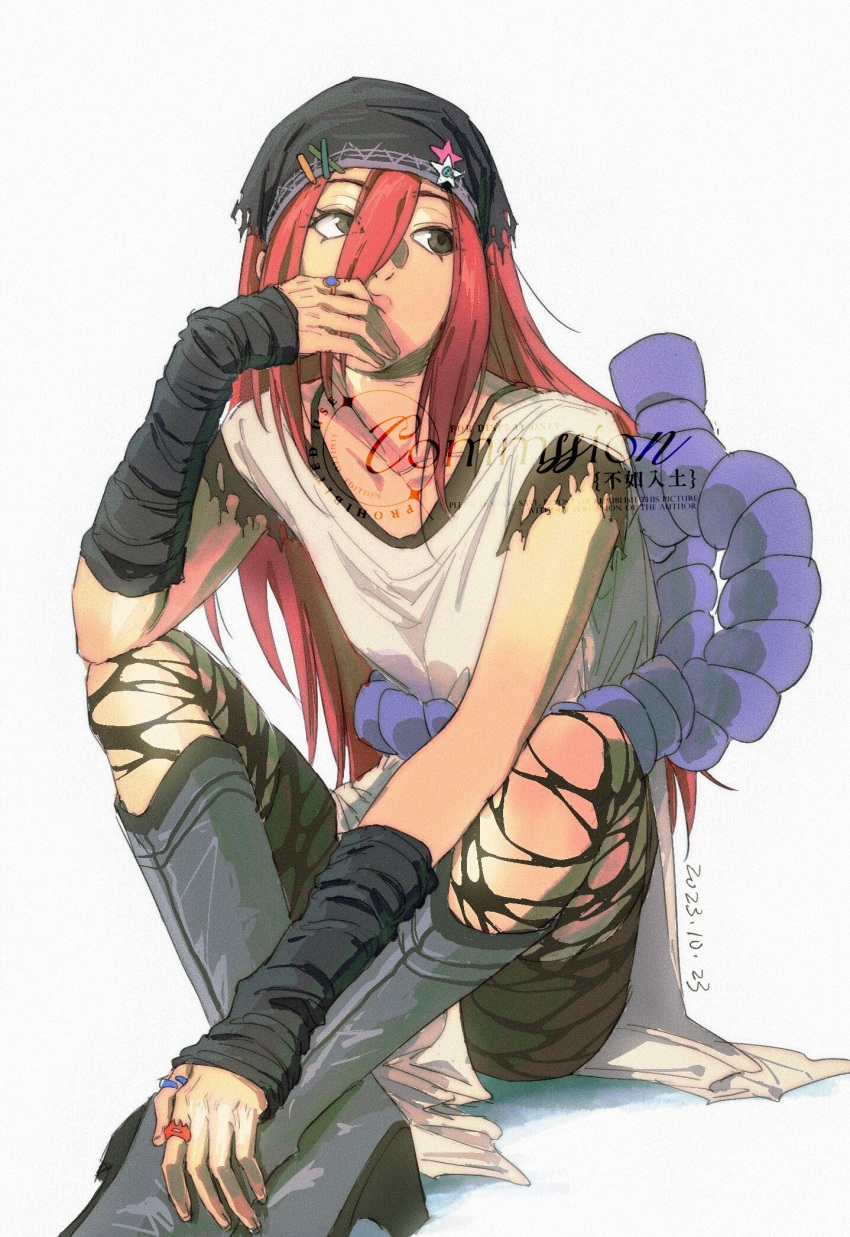 1girl black_eyes black_headwear black_thighhighs boots commission dated deja_vu_(zxmm00310400) eyelashes finger_to_mouth hair_between_eyes high_heels highres jewelry knee_boots long_hair looking_to_the_side multiple_rings naruto naruto_(series) redhead ring rope shimenawa shirt simple_background sitting sleeveless sleeveless_shirt star_(symbol) tayuya_(naruto) thigh-highs torn_clothes torn_thighhighs watermark white_background white_shirt