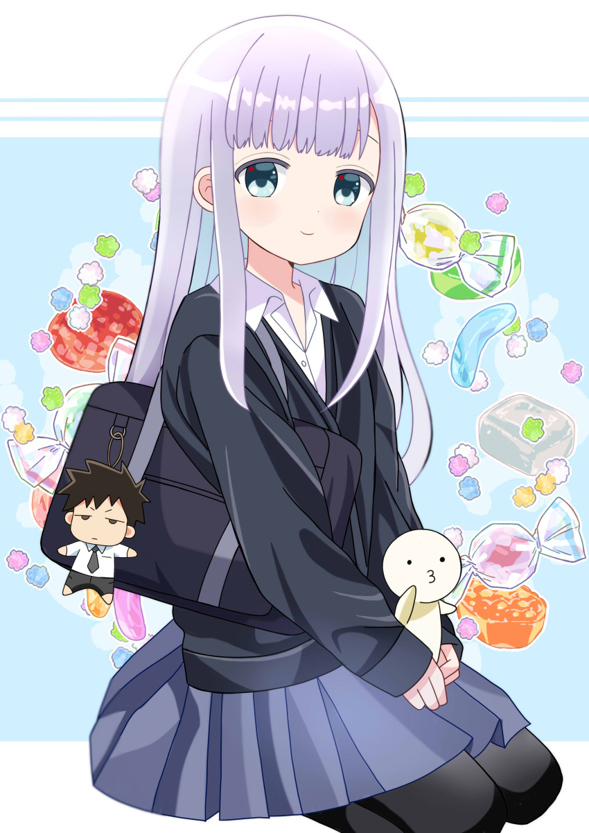 1girl absurdres aharen-san_wa_hakarenai aharen_reina bag bag_charm black_cardigan black_pantyhose blue_background blue_eyes blue_skirt blush candy_wrapper cardigan character_doll charm_(object) closed_mouth collared_shirt commentary_request commission dress_shirt grey_hair highres long_hair long_sleeves looking_at_viewer matsuboshi_raidou pantyhose pixiv_commission pleated_skirt puffy_long_sleeves puffy_sleeves ryoutan school_bag school_uniform seiza shirt sitting skirt sleeves_past_wrists smile solo two-tone_background white_background white_shirt