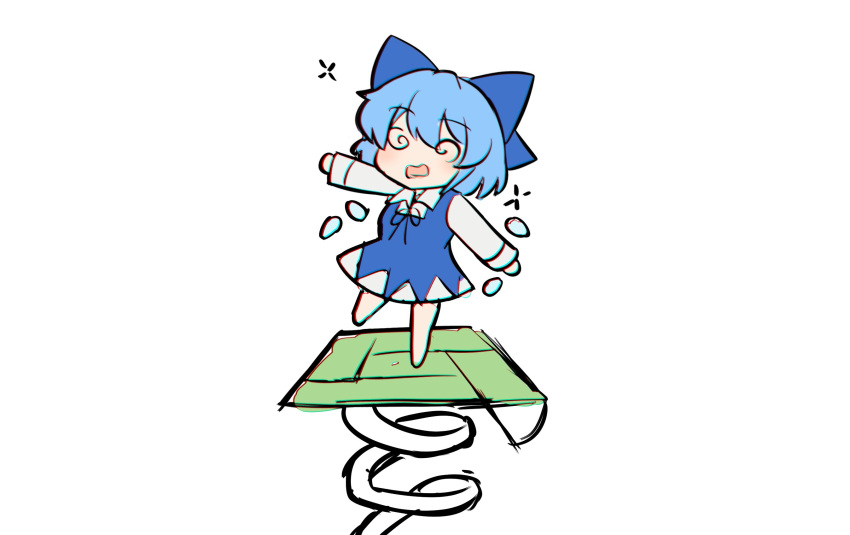 1girl @_@ blue_bow blue_dress blue_hair bow cirno collared_shirt commentary detached_wings dizzy dress english_commentary ferdy's_lab full_body hair_bow highres ice ice_wings long_sleeves shirt short_hair simple_background solo spring_(object) touhou white_background white_shirt wings