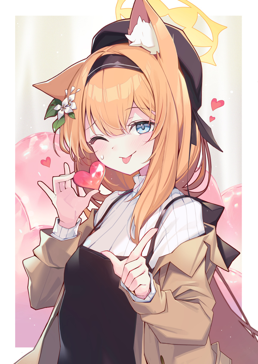 1girl absurdres animal_ear_fluff animal_ears black_hairband blue_archive blue_eyes blush brown_coat coat commentary flower hair_flower hair_ornament hairband halo heart highres kurobi_(netisz) long_hair long_sleeves mari_(blue_archive) one_eye_closed open_clothes open_coat orange_hair ribbed_sweater solo sweater symbol-only_commentary tongue tongue_out upper_body white_flower white_sweater yellow_halo
