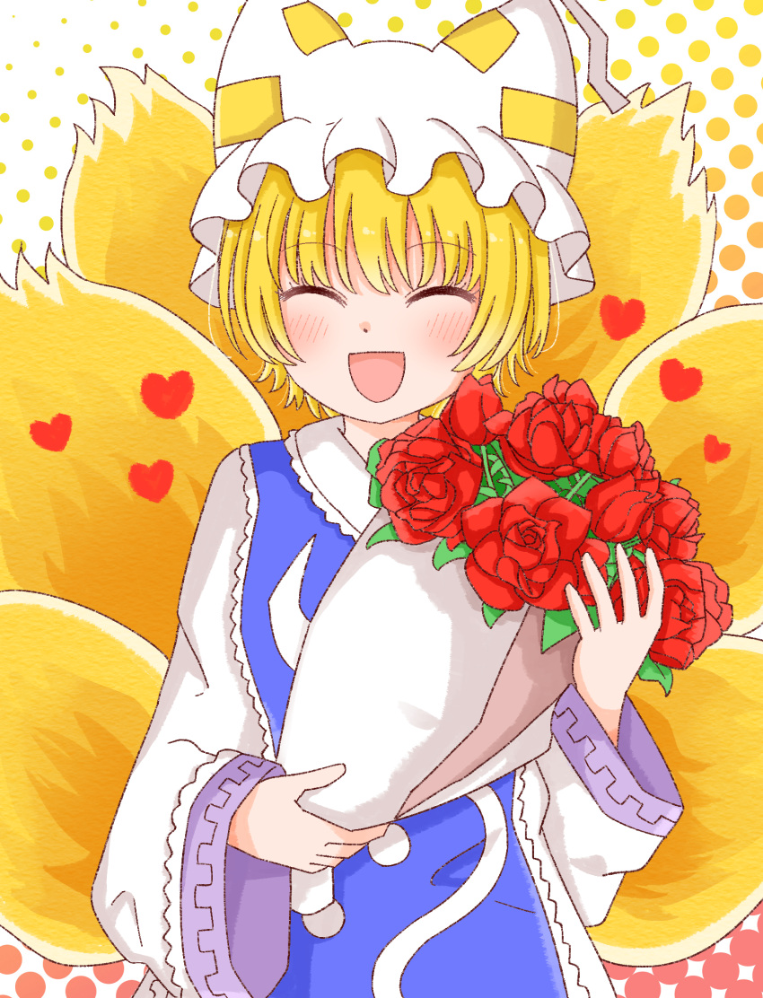 1girl :d blonde_hair blue_tabard blush bouquet closed_eyes commentary_request commission dot_nose dress flower fox_tail happy hat heart highres holding holding_bouquet long_sleeves mob_cap multiple_tails open_mouth polka_dot polka_dot_background red_flower red_rose rose rozugadena short_hair simple_background skeb_commission smile solo tabard tail touhou upper_body white_background white_dress wide_sleeves yakumo_ran