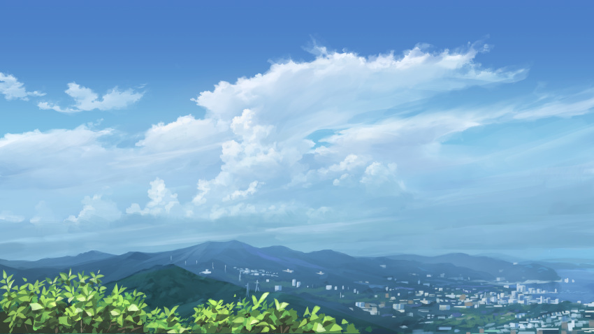 absurdres blue_sky building city clouds cloudy_sky commentary_request cumulonimbus_cloud day harbor highres landscape leaf mountain no_humans ocean original outdoors power_lines scenery sky suzuke