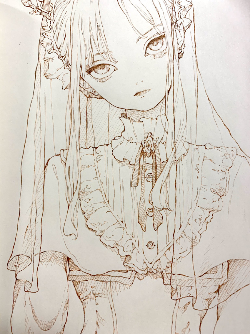 12yun30 1girl dress earrings frilled_shirt_collar frills graphite_(medium) head_tilt highres jewelry long_hair looking_at_viewer monochrome neck_ribbon original ribbon simple_background sketch solo stud_earrings tiara traditional_media upper_body
