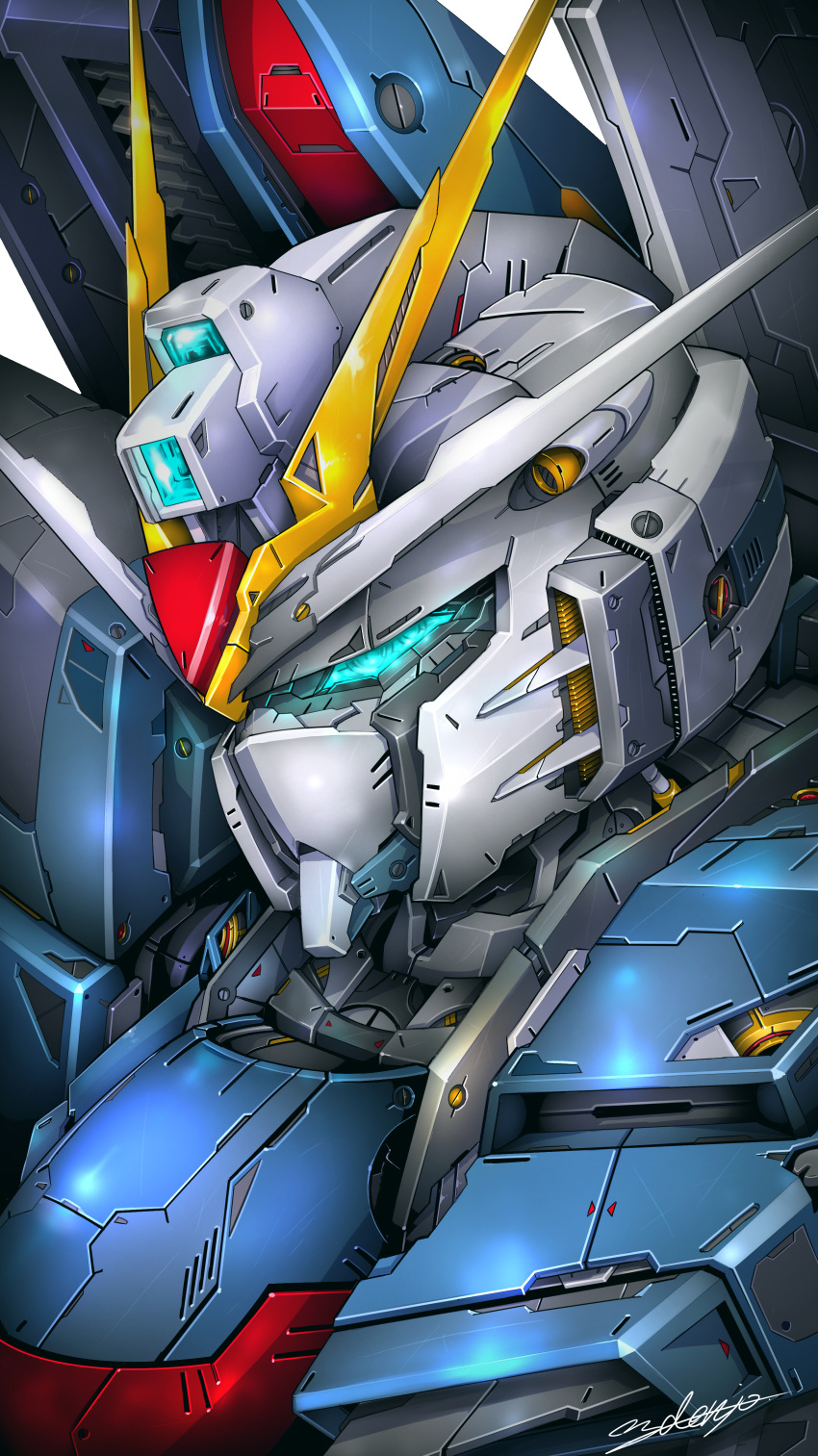 absurdres blue_eyes commentary_request denjyou23 glowing glowing_eyes gundam gundam_seed gundam_seed_freedom highres looking_ahead mecha mobile_suit no_humans portrait rising_freedom_gundam robot science_fiction solo v-fin