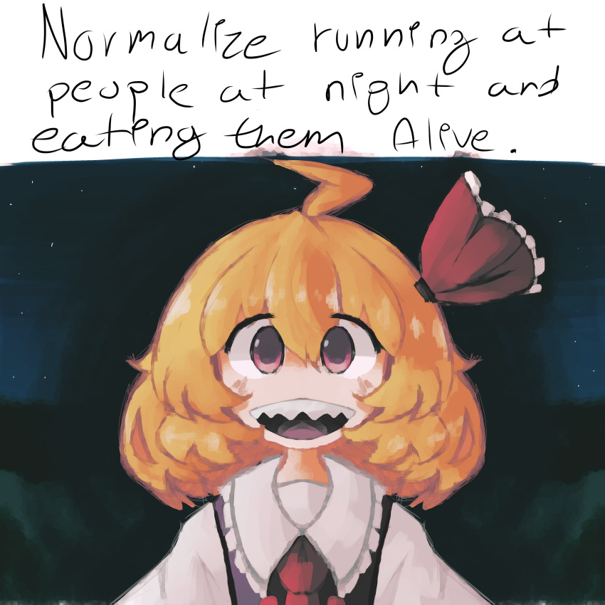 1girl absurdres ahoge blonde_hair collared_shirt commentary english_commentary english_text gif_caption_(meme) hair_between_eyes hair_ribbon highres iesonatana looking_at_viewer medium_hair meme necktie normalize_x_(meme) open_mouth red_eyes red_necktie red_ribbon ribbon rumia sharp_teeth shirt smile solo straight-on tareme teeth touhou upper_body white_shirt