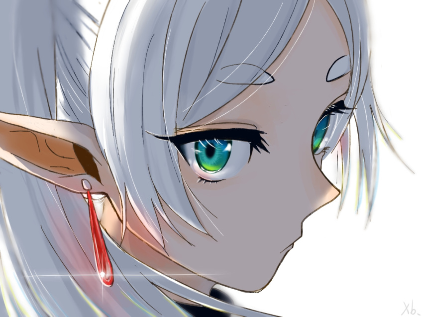 1girl close-up closed_mouth commentary_request earrings elf frieren green_eyes grey_hair jewelry looking_at_viewer looking_to_the_side parted_bangs pointy_ears portrait shaded_face signature simple_background solo sousou_no_frieren thick_eyebrows yizhi_xigua