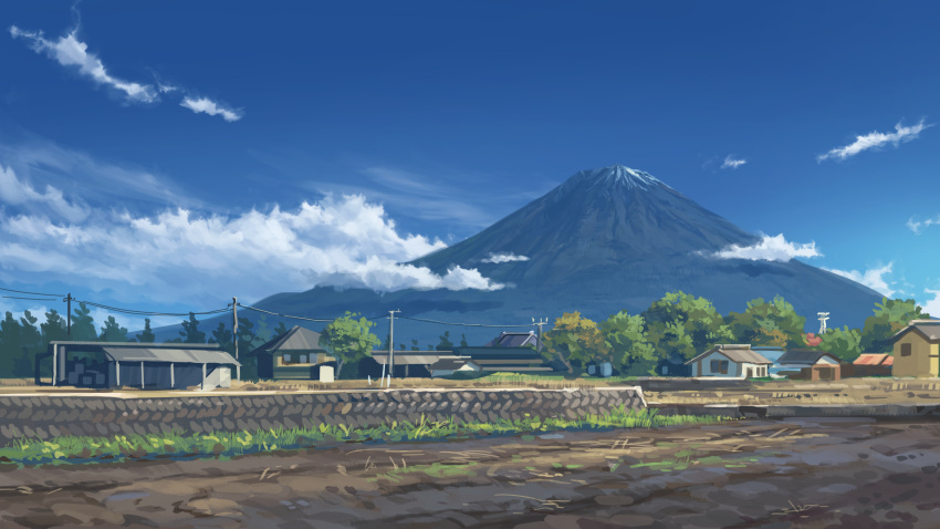 absurdres blue_sky building clouds commentary_request day field grass highres house landscape mount_fuji mountain mud no_humans original outdoors power_lines rural scenery sky suzuke tree utility_pole