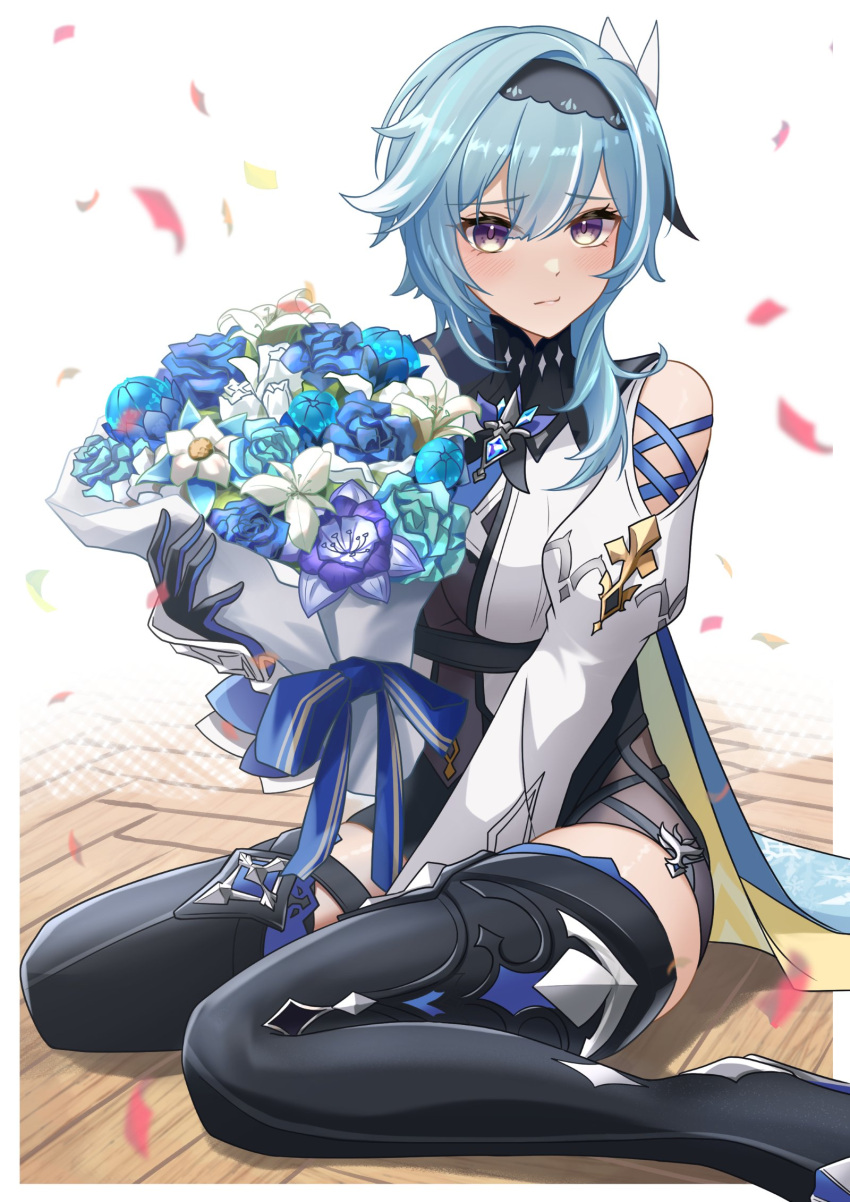1girl asymmetrical_hair between_legs black_footwear black_gloves black_hairband black_leotard blue_cape blue_flower blue_gloves blue_hair blue_necktie blush boots bouquet breasts butterfly_hair_ornament cape closed_mouth clothing_cutout confetti eula_(genshin_impact) flower full_body genshin_impact gloves hair_between_eyes hair_ornament hairband hand_between_legs happy_birthday high-waist_shorts highres holding holding_bouquet large_breasts leotard looking_at_viewer medium_breasts medium_hair mon-chan necktie on_floor shorts shoulder_cutout sidelocks sitting solo streamers thigh_boots two-tone_gloves violet_eyes wariza white_background white_sleeves