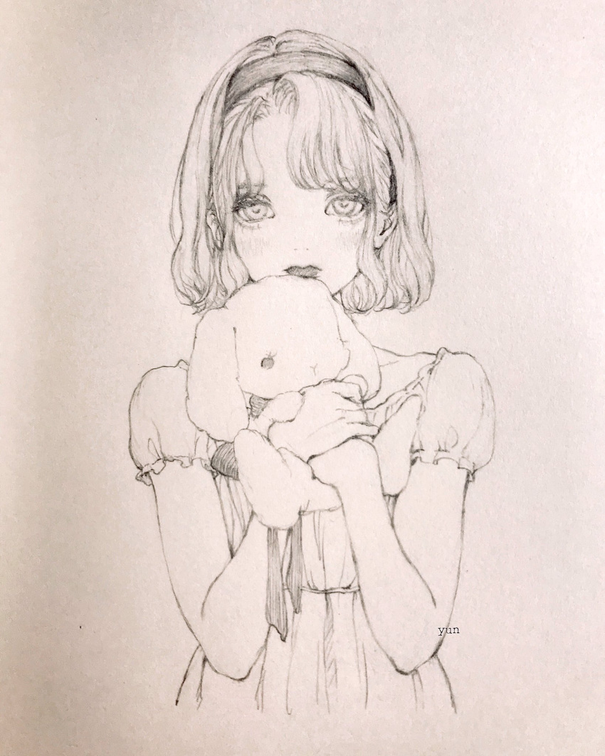 12yun30 1girl blush cropped_torso dress expressionless graphite_(medium) hairband highres holding holding_stuffed_toy looking_at_viewer original ribbon short_hair short_sleeves simple_background sketch solo stuffed_animal stuffed_rabbit stuffed_toy traditional_media upper_body