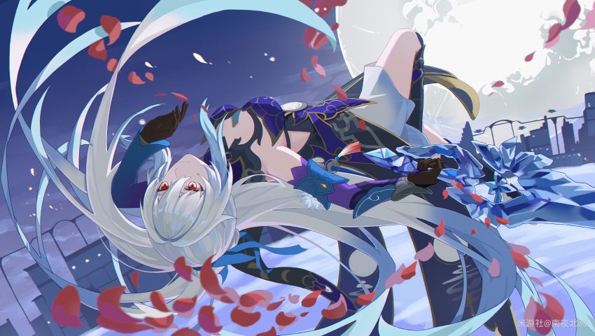 1girl absurdres artist_request black_gloves blue_dress blue_sleeves breasts chinese_clothes closed_mouth crystal_sword detached_sleeves dress gloves hair_between_eyes high-low_skirt high_ponytail highres holding holding_sword holding_weapon honkai:_star_rail honkai_(series) huge_moon jingliu_(honkai:_star_rail) long_hair medium_breasts moon pale_skin petals red_eyes solo sword upside-down weapon white_hair