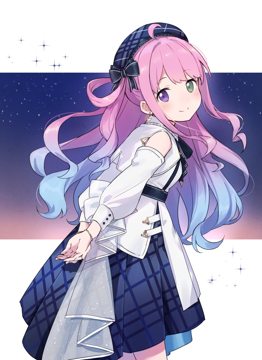 1girl absurdres blue_hair bow closed_mouth detached_sleeves green_eyes hat heterochromia highres himemori_luna hololive knokzm looking_at_viewer multicolored_hair pink_hair smile solo standing violet_eyes