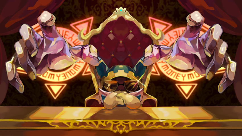 1boy akakiao_tea animal_ears belt blue_belt blue_hood chair commentary_request covered_mouth curtains desk disembodied_limb extra_hands gear_print giant_hand gleam gloves indoors kirby_(series) magolor no_humans own_hands_together scarf sitting solo sunglasses triangular_eyewear white_gloves white_scarf