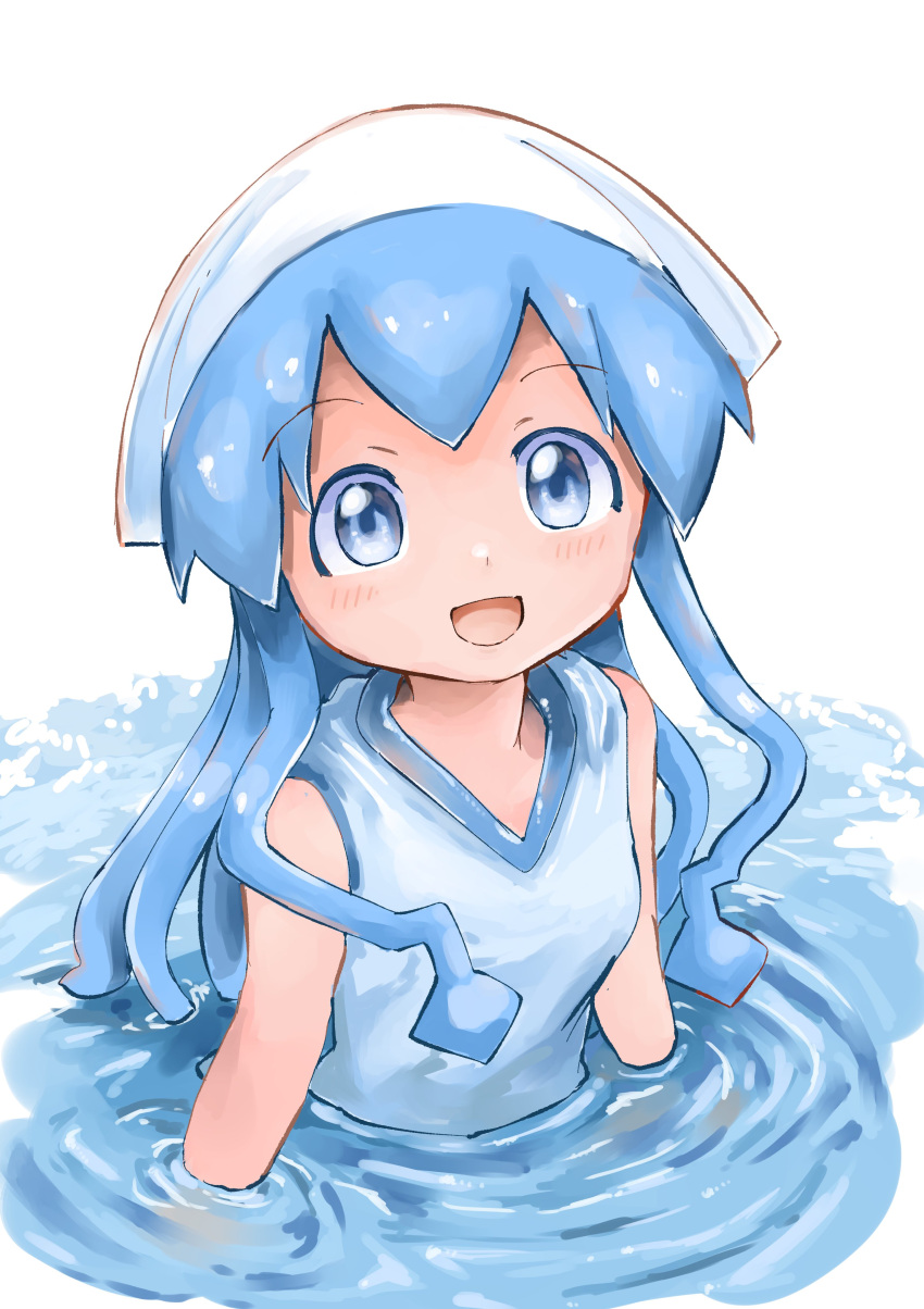 1girl absurdres blue_eyes blue_hair breasts commentary head_scarf highres ikamusume open_mouth partially_submerged reo_(salmomomon) shinryaku!_ikamusume small_breasts smile solo upper_body water
