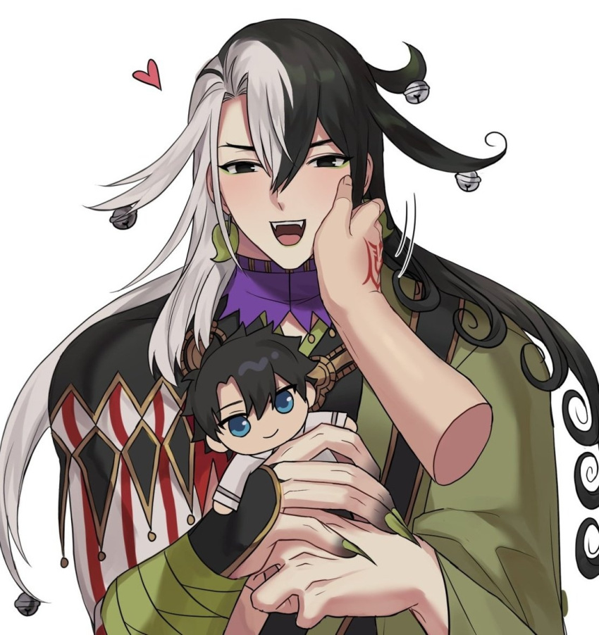 2boys ashiya_douman_(fate) bell black_hair blue_eyes character_doll command_spell disembodied_limb doll fangs fate/grand_order fate_(series) fujimaru_ritsuka_(male) green_nails hair_bell hair_between_eyes hair_ornament hand_on_another's_face hand_tattoo heart holding holding_doll jingle_bell long_hair male_focus multicolored_hair multiple_boys muscular muscular_male open_mouth pov pov_hands seum_(kao_husband) split-color_hair tattoo teeth upper_body upper_teeth_only white_background white_hair