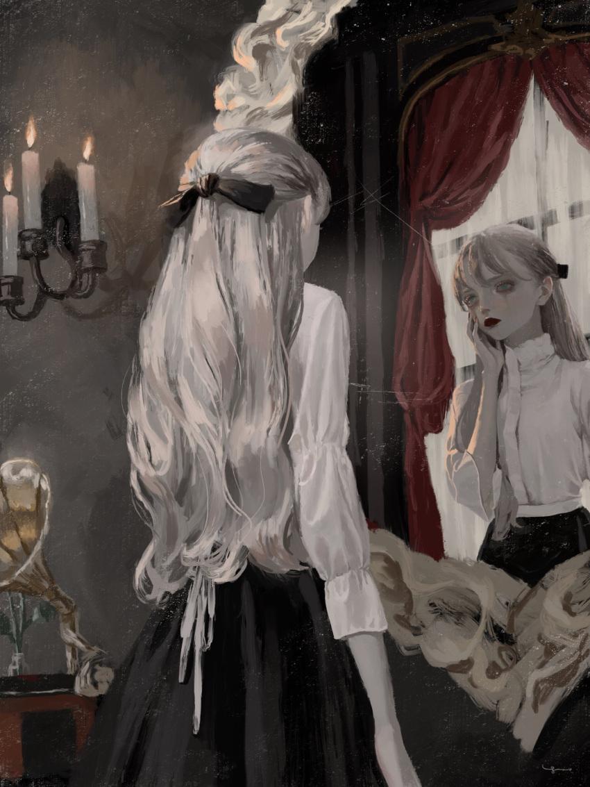 12yun30 1girl black_bow black_skirt bow candle candlestand curtains expressionless grey_eyes grey_hair hair_bow hand_on_own_cheek hand_on_own_face highres indoors long_hair mirror original phonograph reflection shirt sketch skirt solo white_shirt window