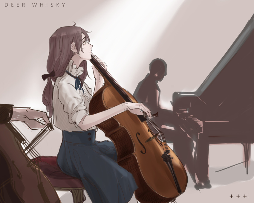 1girl absurdres artist_name black_bow blue_ribbon blue_skirt bow brown_hair cello closed_mouth commentary deerwhisky english_commentary green_eyes hair_bow highres instrument long_hair mixed-language_commentary music neck_ribbon original playing_instrument ribbon shirt sidelocks skirt solo_focus white_shirt