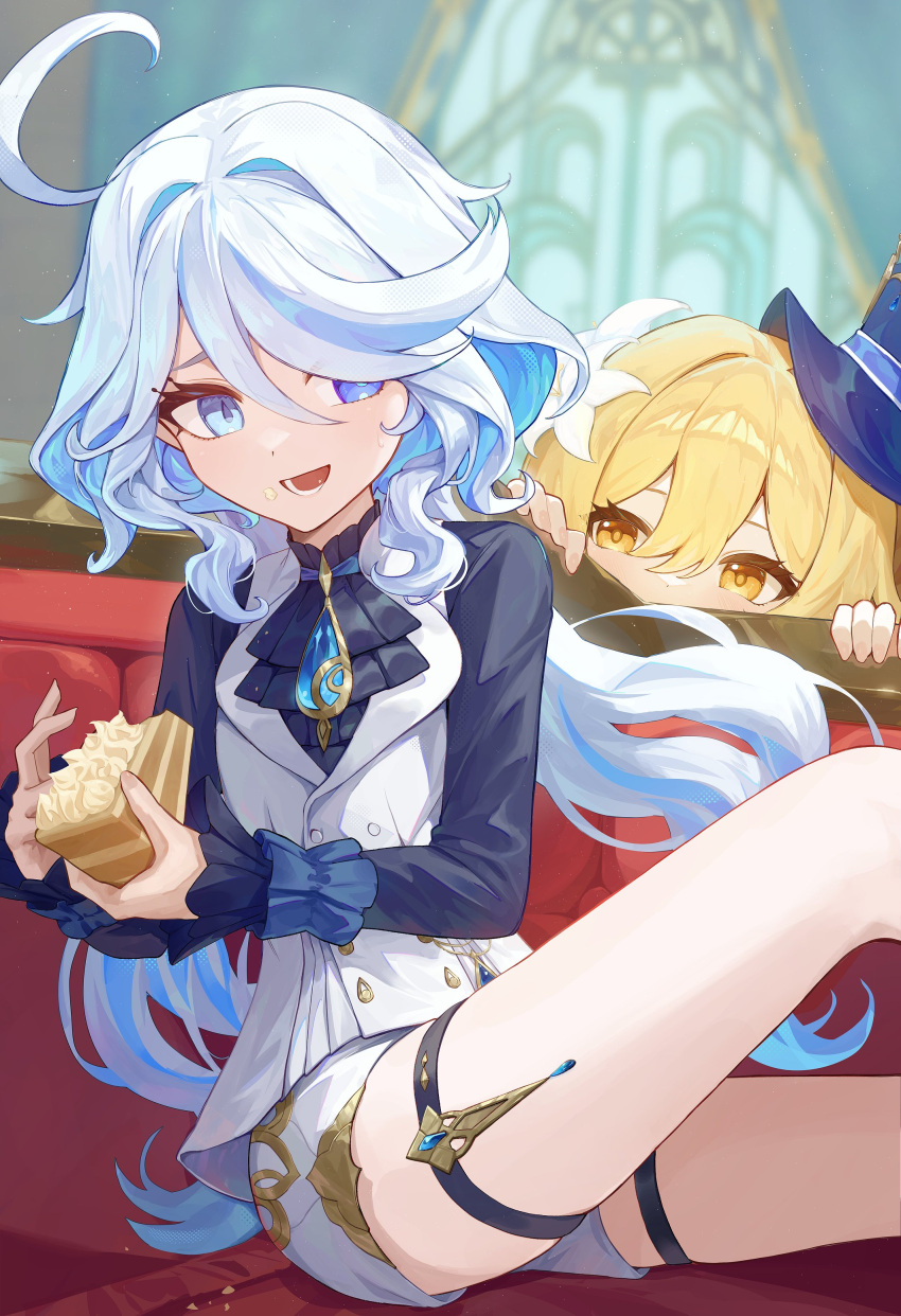 1girl absurdres ahoge ascot blonde_hair blue_ascot blue_brooch blue_eyes blue_gemstone blue_hair blue_headwear blue_jacket bow breasts cake cake_slice couch cowlick drop-shaped_pupils feather_hair_ornament feathers flower food food_on_face furina_(genshin_impact) gem genshin_impact hair_between_eyes hair_flower hair_ornament hat heterochromia highres holding indoors jacket kodona light_blue_hair lily_(flower) lolita_fashion long_hair long_sleeves lumine_(genshin_impact) lying mismatched_pupils multicolored_hair multiple_girls on_couch open_mouth pellas_(panix2383) ponytail shorts sitting small_breasts smile solo streaked_hair top_hat white_flower white_hair white_shorts white_trim_bow yellow_eyes