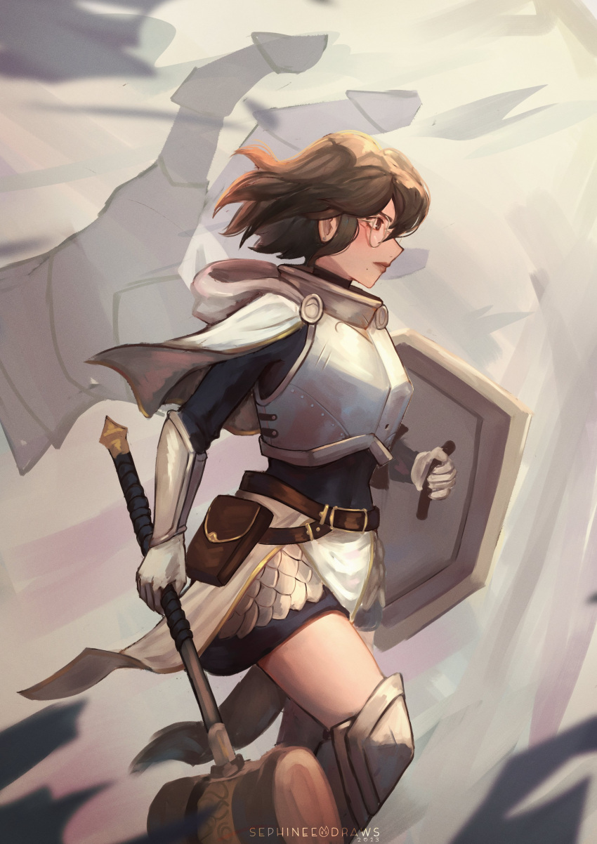 1girl absurdres armor artist_name belt belt_buckle breastplate brown_belt brown_hair buckle closed_mouth commentary english_commentary from_side gauntlets glasses hammer highres holding holding_hammer holding_shield original profile sephineedraws shield solo